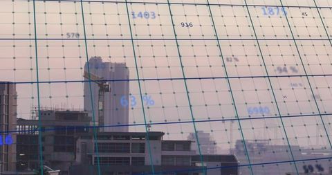 Urban construction analytics overlaying skyline with digital data grid and percent metrics