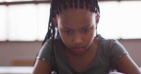 Biracial Girl Focused at School Desk Studying