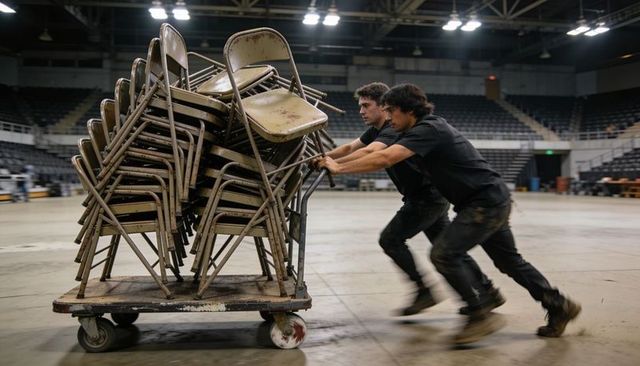 Two workers pushing dolly with stacked metal folding chairs during arena teardown
