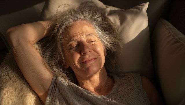 Senior woman reclining and basking in warm sunlight on cozy sofa with pillow