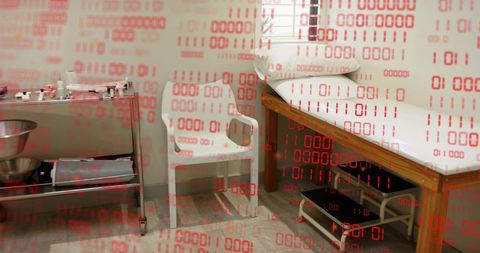 Clinic examination room with wooden exam table, medical instruments and red binary overlay