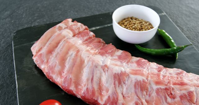 Raw Pork Ribs on Slate with Spices and Chilies - Download Free Stock Images Pikwizard.com