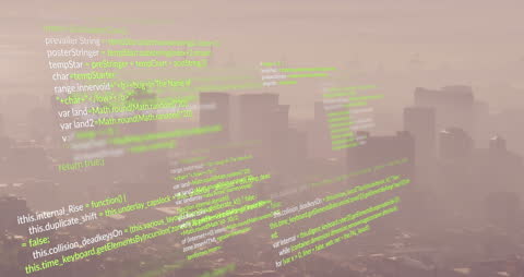 Coding Overlay on Typography Modern Foggy Cityscape