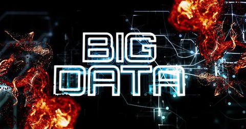 Futuristic big data concept with glowing text and fiery sparks