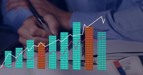 Business analyst writing notes with rising bar chart overlay showing sales growth