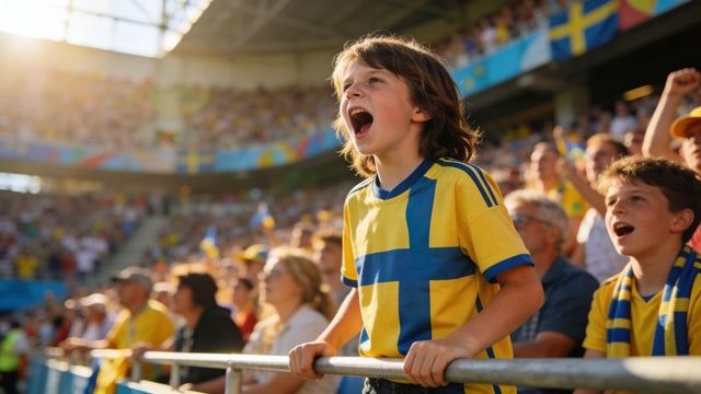 Young fan cheering in swedish jersey at packed football stadium with waving flags and sunset
