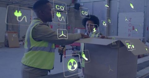 Sustainable warehouse operations with eco-friendly technology symbols