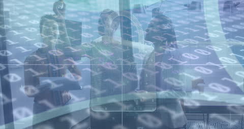 Overlay of Digital Security with Diverse Team in Office Setting