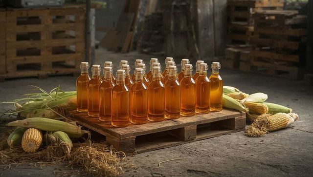 Rustic Barn Scene with Bottled Corn Syrup and Husks on Pallet