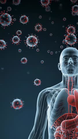 Floating coronavirus particles surrounding transparent human torso in medical animation