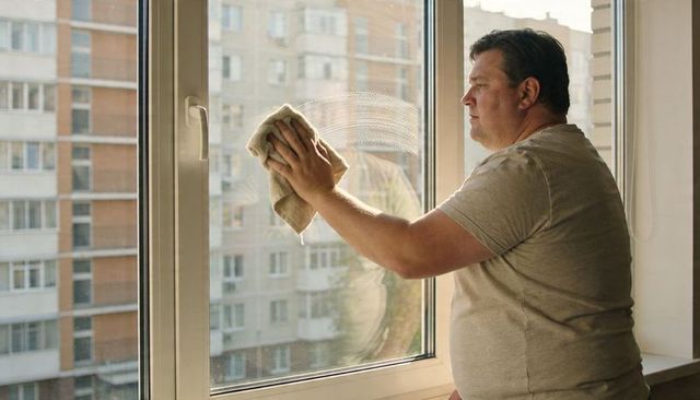 Man cleaning apartment window with cloth at urban high-rise in daylight, domestic chore
