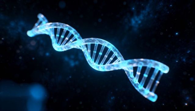 Glowing dna double helix rotating in 3d molecular visualization with luminescent glow