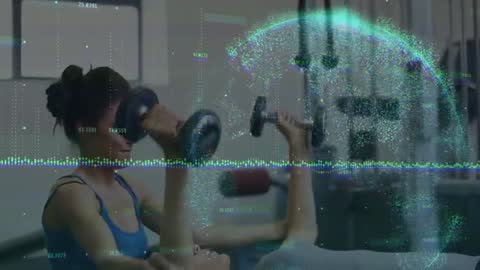 Trainer Spotting Lifter During Dumbbell Press with Digital Waveform and Globe Data Overlay