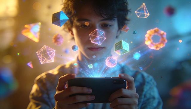 Teen holding smartphone interacting with glowing holographic geometric shapes ar learning