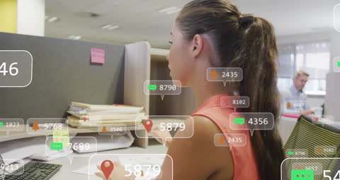 Digital Interface Icons Overlay Diverse Business Office Setting