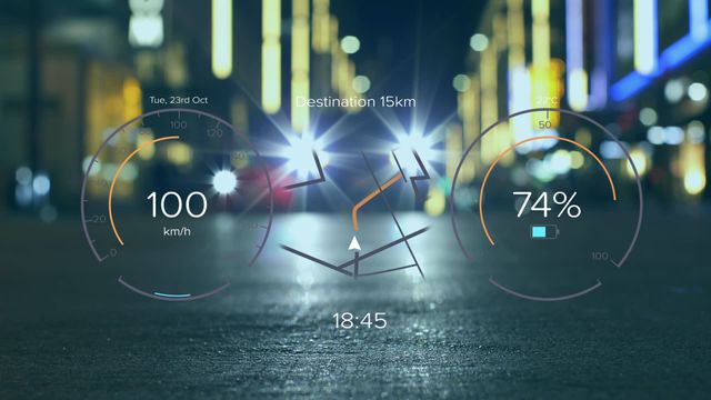 Depicts a futuristic digital display of an electric car's speedometer and navigation data on a blurred urban background at night. Ideal for illustrating concepts related to electric vehicles, tech advancements in automotive industry, or digital innovation in urban mobility.