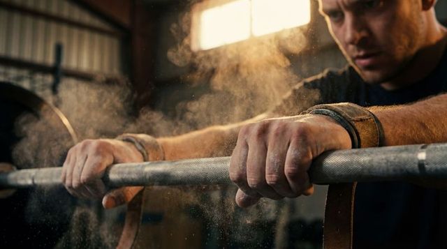 Gripping chalked barbell in gritty garage gym with leather wrist straps, dusty knurled bar