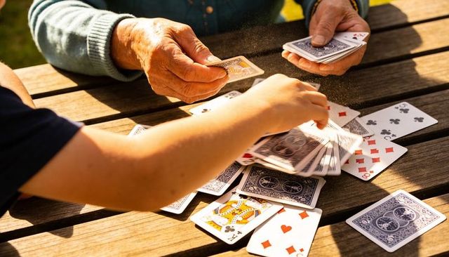 Senior hands and grandchild playing cards on sunlit picnic table, outdoor family game moment