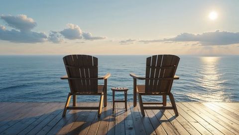 Rustic Adirondack Chairs Overlooking Ocean Sunrise on Wooden Deck