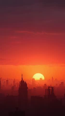 Vertical time-lapse showing sun sinking behind silhouetted skyscrapers under crimson sky