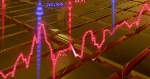 Financial Data Overlapping Gold Bullions Representing Market Trends