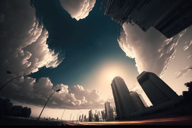 Surreal cityscape at sunset with dramatic clouds appearing from an upward angle, underlines a mood of artistic creativity and otherworldly atmosphere. Perfect for use in advertising, architectural presentations, urban study, and artistic projects aiming to evoke a dreamlike or futuristic theme.