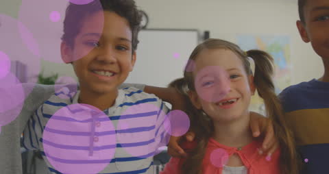 Cheerful Schoolchildren with Pink Animated Bubbles