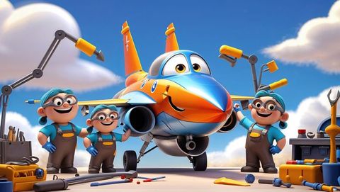 Animated mechanics team fixing colorful f16 jet plane