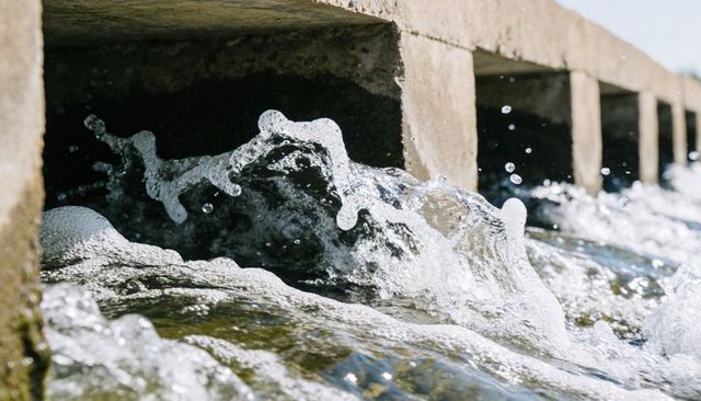Seawater crashing through concrete culverts, foam spraying along weathered shoreline, waves
