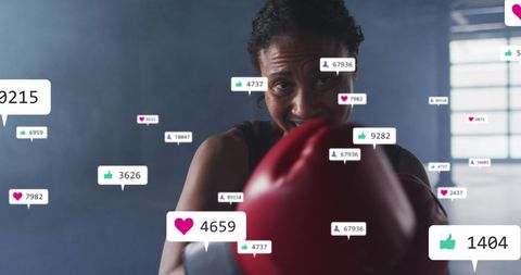 Female boxer training surrounded by social media notifications