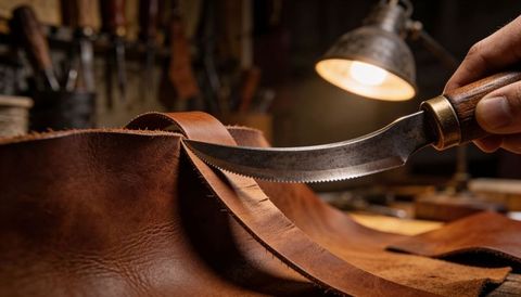 Skiving brown leather hide with curved serrated knife in rustic workshop closeup