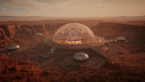 Illuminating geodesic glass dome at mars canyon outpost with surrounding research modules