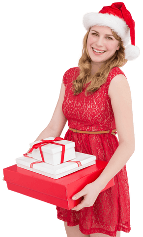 Festive Woman in Santa Hat Holding Christmas Gifts Transparent Background