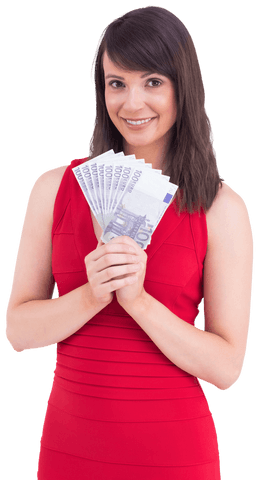 Happy Brunette Woman Holding Euro Banknotes Transparent Background