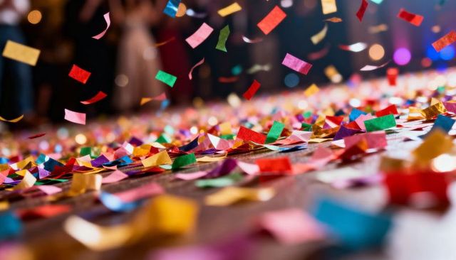 Colorful confetti falling over wooden floor at lively party ballroom with bokeh lights
