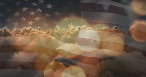 American Flag Overlay with Dreamy Bokeh and Sunset Clouds