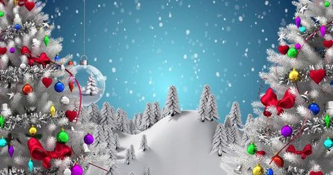 Framing White Fir Trees Decorating with Colorful Baubles and Red Bows Over Snowy Hills