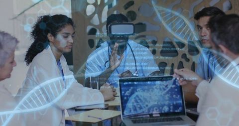 Medical team collaborating on genomic data with vr headset and holographic dna interface
