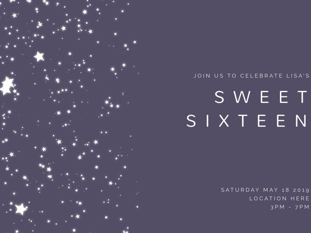 This graphic showcases an enchanting starry night theme for a sweet sixteen invitation. Perfect for anyone looking to add a touch of elegance and celebration to their milestone birthday party. Use it to invite friends and family to a special event with an alluring and prestigious appearance. Editable details allow customization for date, time, and location.