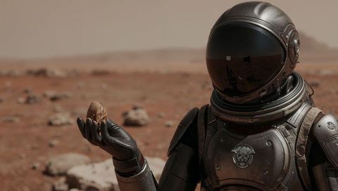 Astronaut Collecting Martian Rock Sample on Red Planet Surface with Reflective Visor