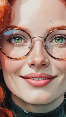 Smiling redhead parting lips during Zoom headshot wearing round glasses vertical video