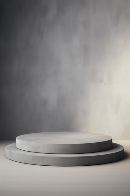 Abstract minimalist design with empty concrete podium and soft lighting against grey background. Ideal for showcasing products, art presentations, modern design elements, or abstract visual projects. Perfect for use in advertising, product photography, or website backgrounds where a simple, contemporary look is desired.