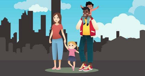 Happy Family Bonding Outdoors in Vibrant Cityscape