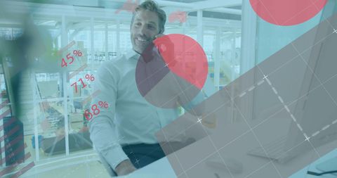 Businessman Engaging on Smartphone with Infographic Overlay in Modern Office