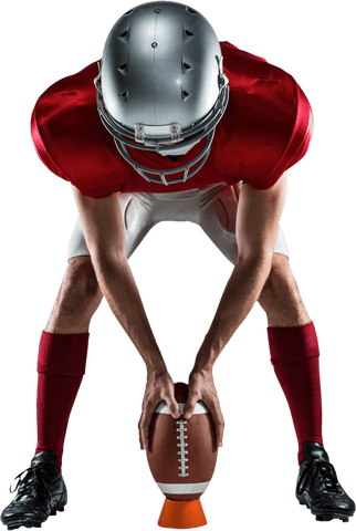 Transparent football player in ready stance with ball on field