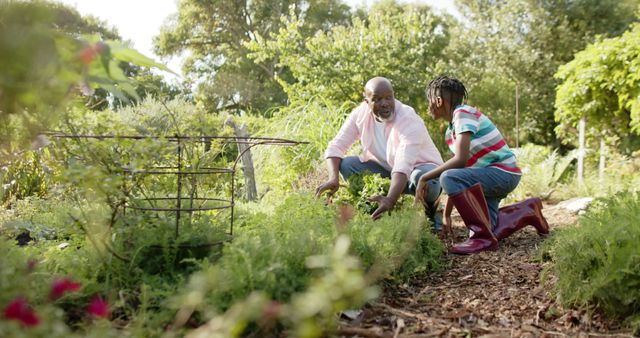 Father and daughter gardening together enjoying outdoor activity. Useful for content related to family bonding, home gardening tips, sustainable living, outdoor activities, parenting advice and educational content on nature and agriculture.