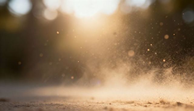 Drifting golden dust cloud backlit by sunset over dry sandy ground with bokeh flare