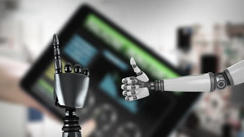Gesture Communication Between Two Robotic Hands on Tech Background