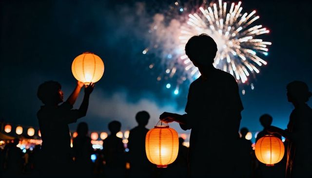 Silhouettes holding glowing paper lanterns celebrating fireworks at summer night festival