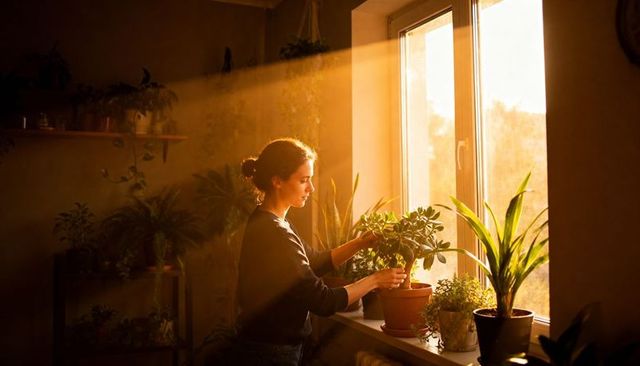 Woman tending houseplants on sunny windowsill during golden hour with terracotta pots